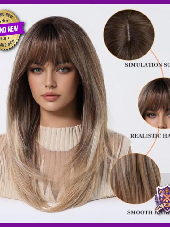 Long Straight Human Hair Wig with Curtain Bangs, Glueless, Lightweight main image 7